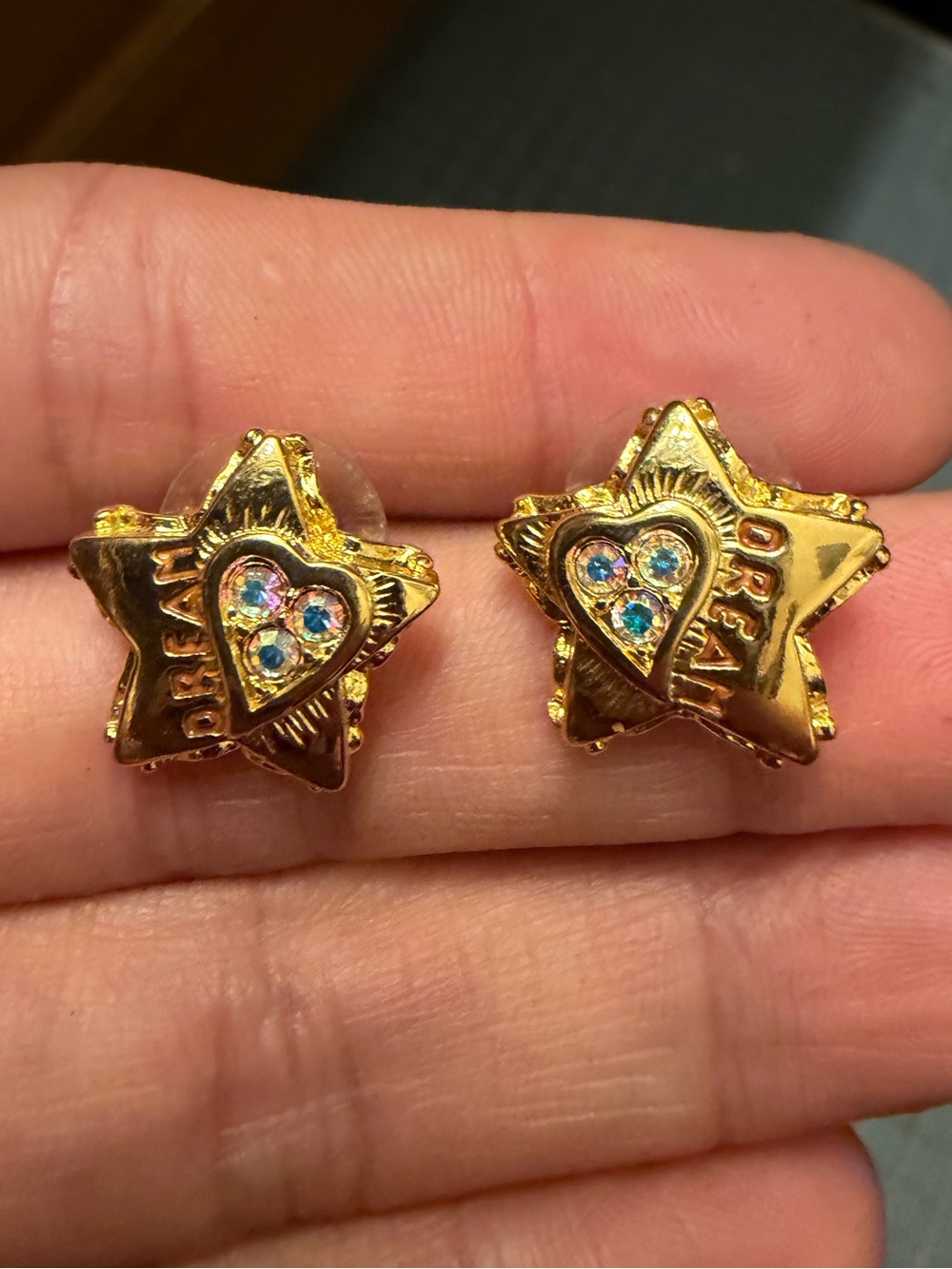 Vintage Kirk’s Folly Gold Tone Star Dream Aurora Borealis Heart Pierced Earrings